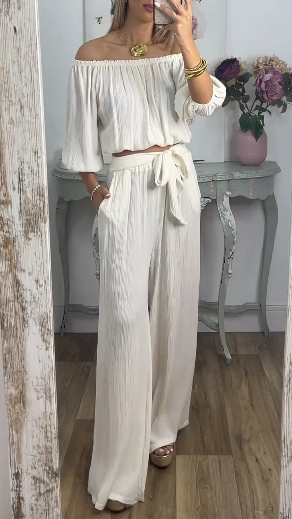Damen Weites Hosenensemble mit raffiniertem Crop-Oberteil Shopnory