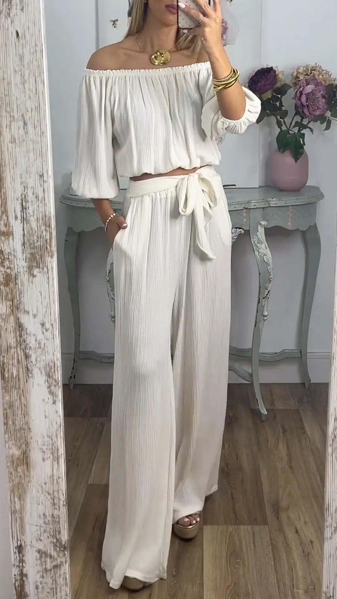 Damen Weites Hosenensemble mit raffiniertem Crop-Oberteil Shopnory