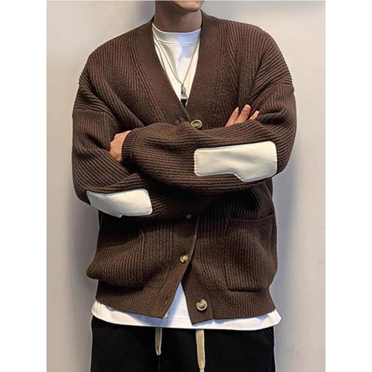 Herren Oversized Strickcardigan mit Ellenbogen-Patches und aufgesetzten Taschen Shop Nory