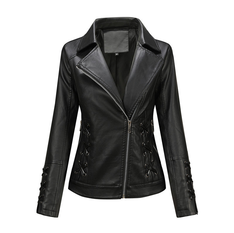 Damen Lederimitat-Bikerjacke mit seitlichen Schnürungen und asymmetrischem Reißverschluss Shop Nory