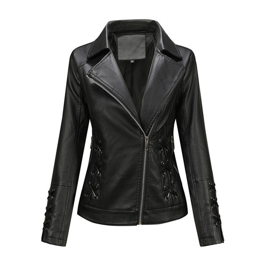 Damen Lederimitat-Bikerjacke mit seitlichen Schnürungen und asymmetrischem Reißverschluss Shop Nory