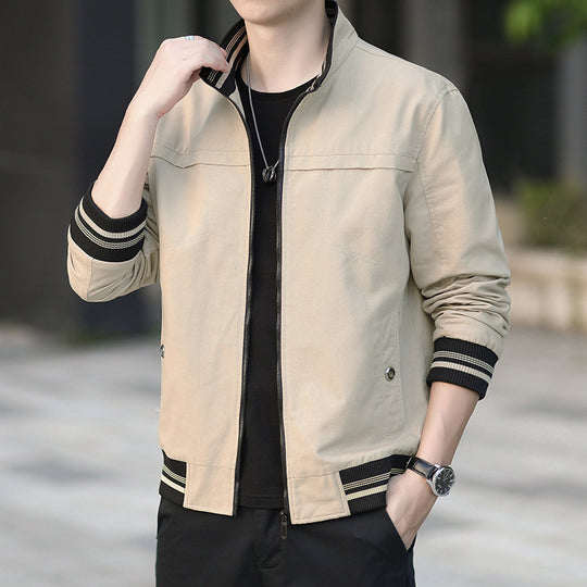 Herren moderner Canvas-Bomberjacke im Worker‑Stil mit gestreiften Rippbündchen und Reißverschluss Shop Nory