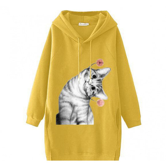 Damen Oversize Kapuzenkleid aus Sweat mit großem Katzenprint und Seitentaschen Shop Nory