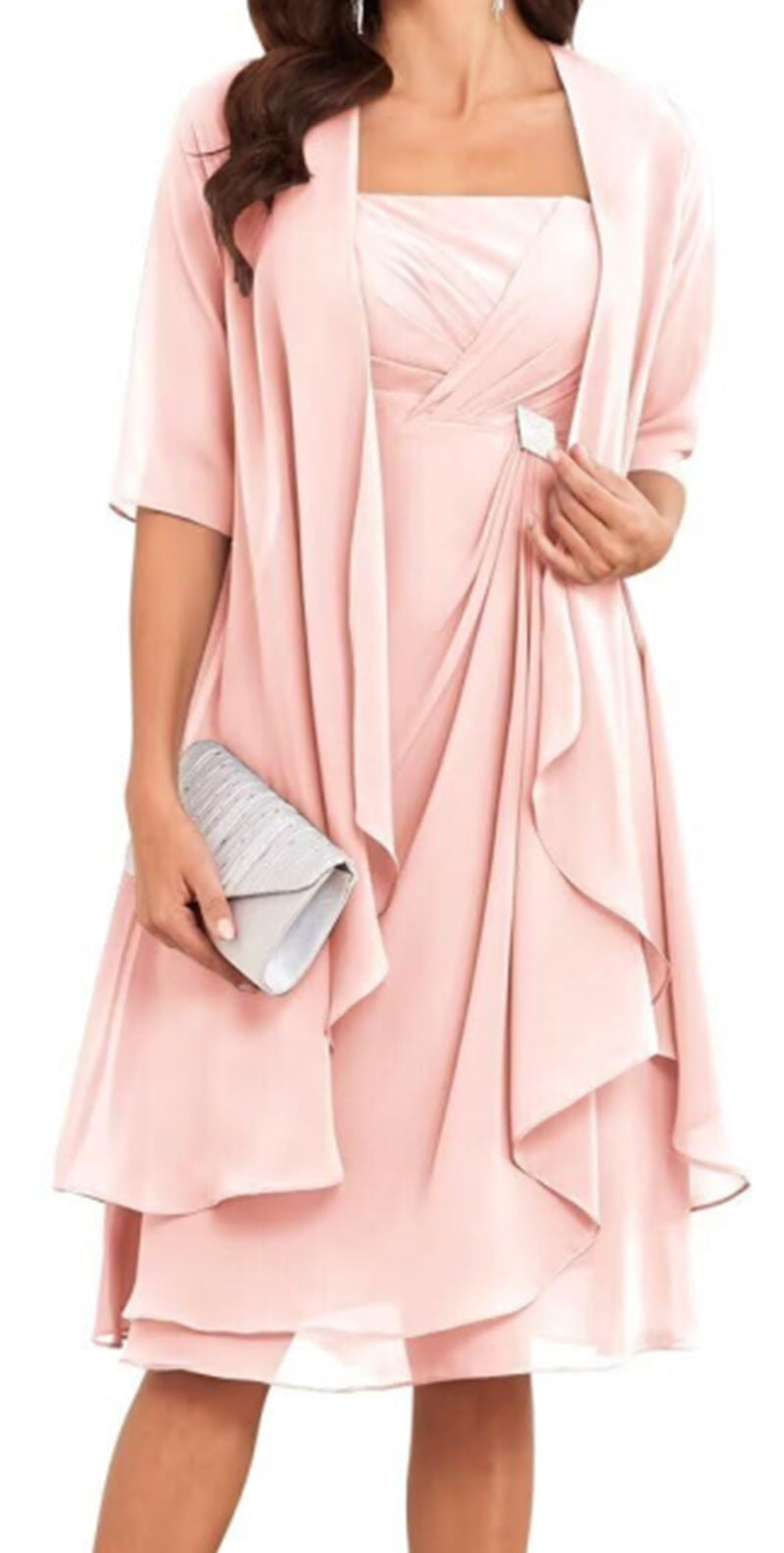 Damen festliches Maxikleid mit einem eleganten Wickeldesign und transparenter Ärmeln