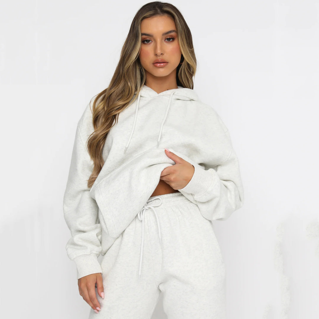 Damen kuscheliges Cropped-Kapuzen-Lounge-Set mit hochgeschnittener Tunnelzug-Jogginghose Shop Nory