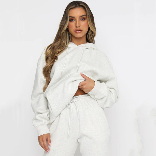 Damen kuscheliges Cropped-Kapuzen-Lounge-Set mit hochgeschnittener Tunnelzug-Jogginghose Shop Nory