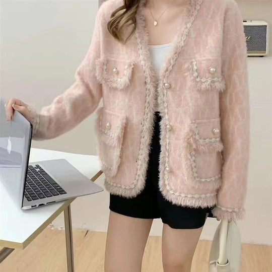 Damen Flauschige Strickjacke mit Perlen-Dekor Shop Nory