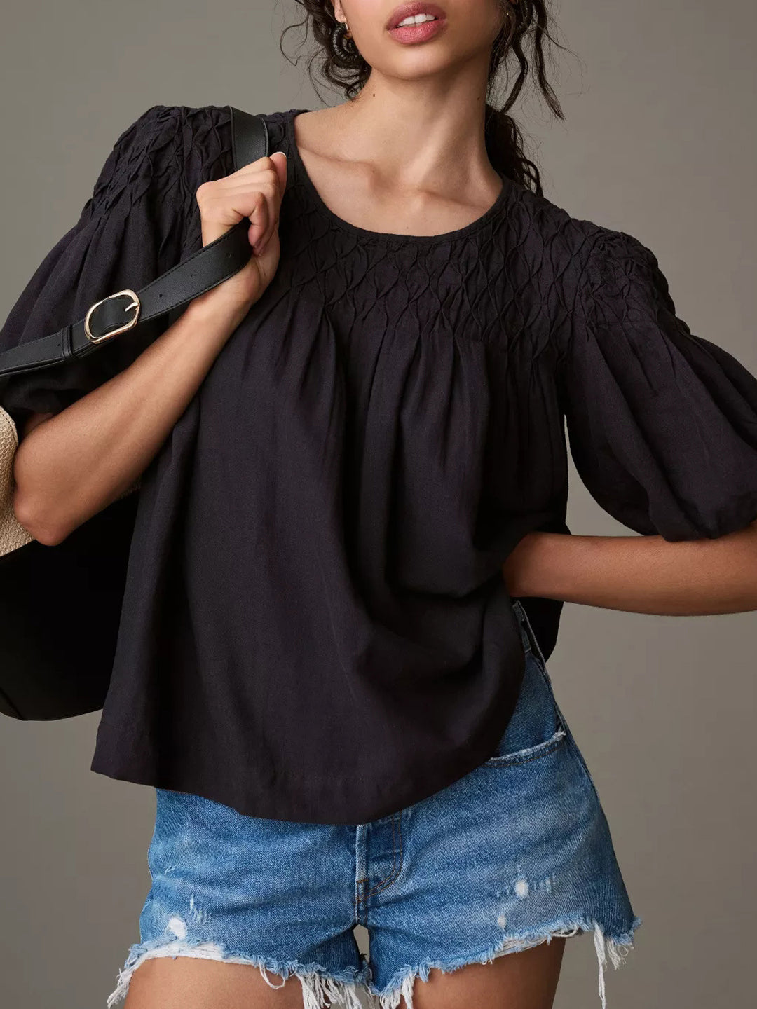 Damen Leichte Bluse mit Smock-Oberteil und Ballonärmeln Shop Nory
