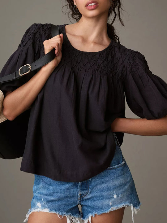Damen Leichte Bluse mit Smock-Oberteil und Ballonärmeln Shop Nory