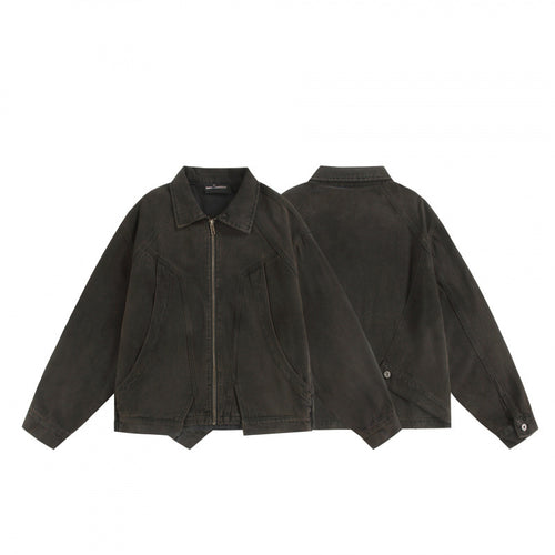 Unisex Boxy-Worker-Blouson aus gewaschenem Canvas mit durchgehendem Reißverschluss, Hemdkragen und asymmetrischen Eingrifftaschen Shop Nory