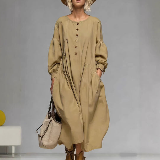 Damen Lässiges Midi-Kleid mit Knopfleiste, Ballonärmeln und Eingrifftaschen Shop Nory