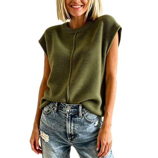 Damen Ärmellose Strickweste mit mittiger Naht und geripptem Kragen Shop Nory