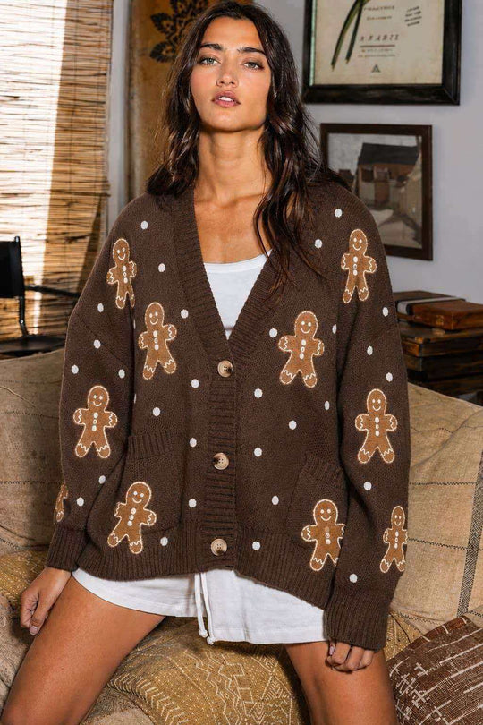 Damen oversized Strickcardigan mit Lebkuchenstickerei und tiefem V-Ausschnitt Shop Nory