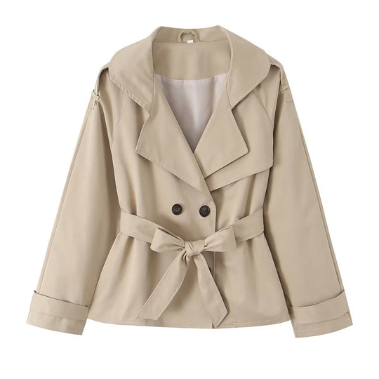 Damen Cropped Trenchjacke mit Taillengürtel, breitem Revers und Cape-Detail Shop Nory