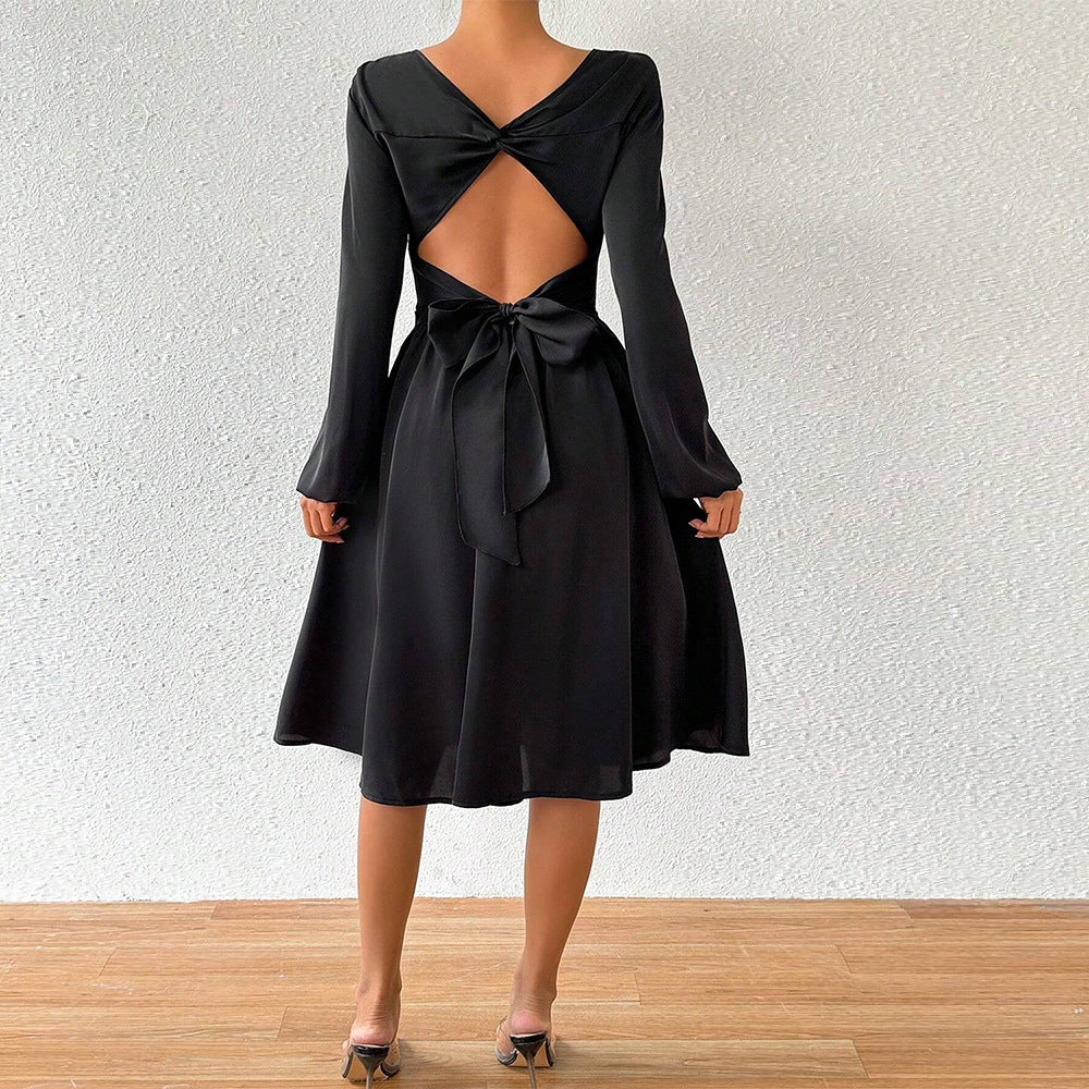 Damen elegantes Midikleid mit taillierter Korsagenoptik ausgestelltem A-Linien-Rock und langen ausgestellten Ärmeln Shop Nory