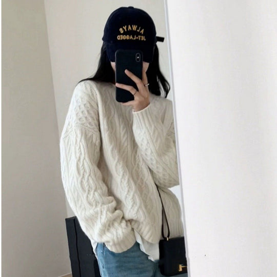 Damen Oversize Zopfmuster‑Pullover mit Rundhalsausschnitt und lässiger Schulterpartie Shop Nory