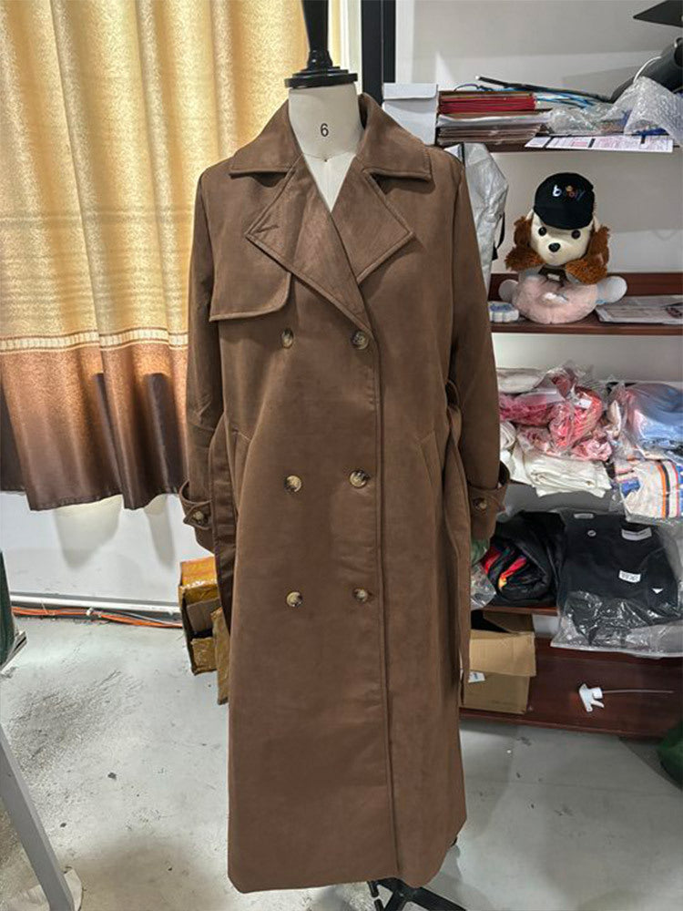 Damen Langer Doppelreihiger Trenchcoat aus Veloursleder-Optik mit Taillengürtel Shop Nory