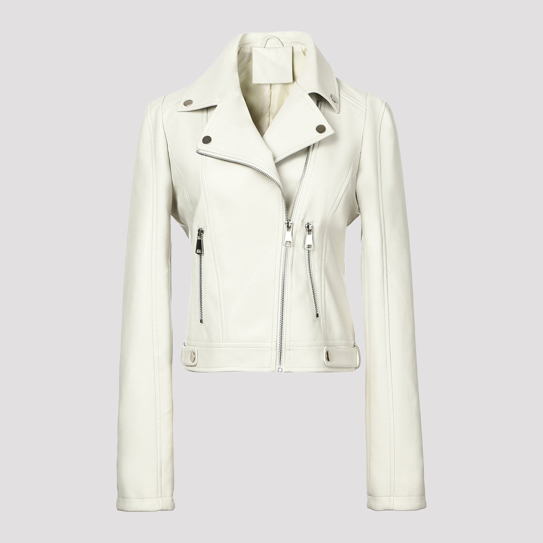 Damen Kurz geschnittene taillierte Bikerjacke aus Nappaleder mit asymmetrischem Reißverschluss Shop Nory