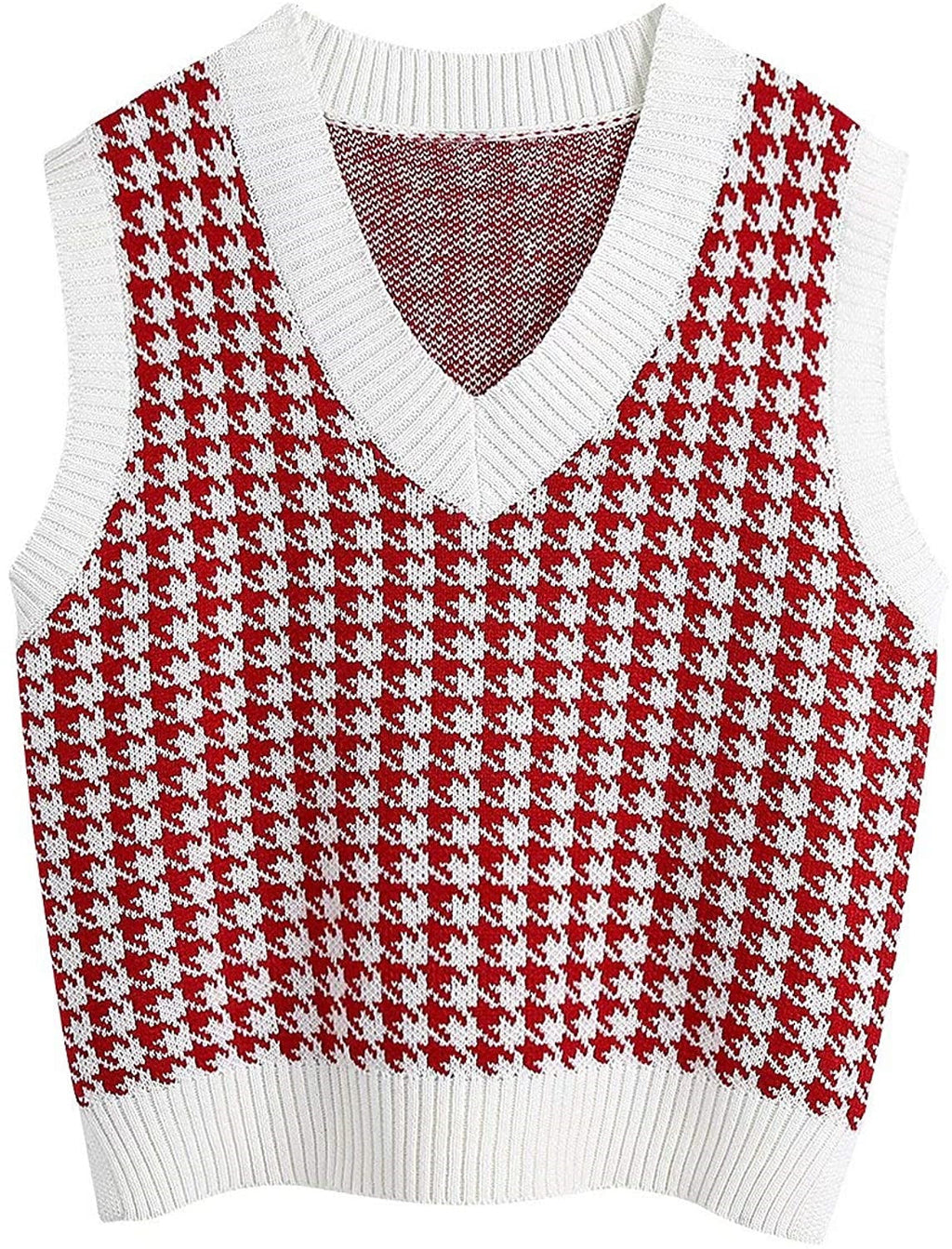 Damen ärmellose Strickweste mit modernem Hahnentrittmuster