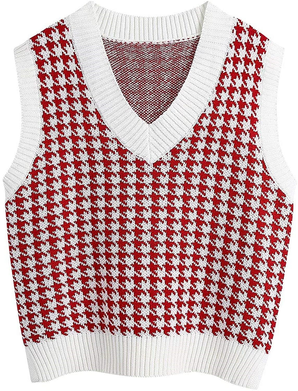 Damen ärmellose Strickweste mit modernem Hahnentrittmuster