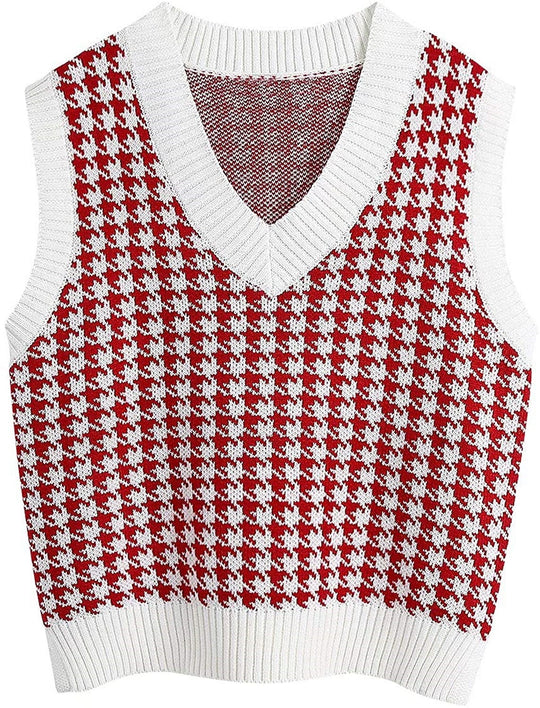 Damen ärmellose Strickweste mit modernem Hahnentrittmuster