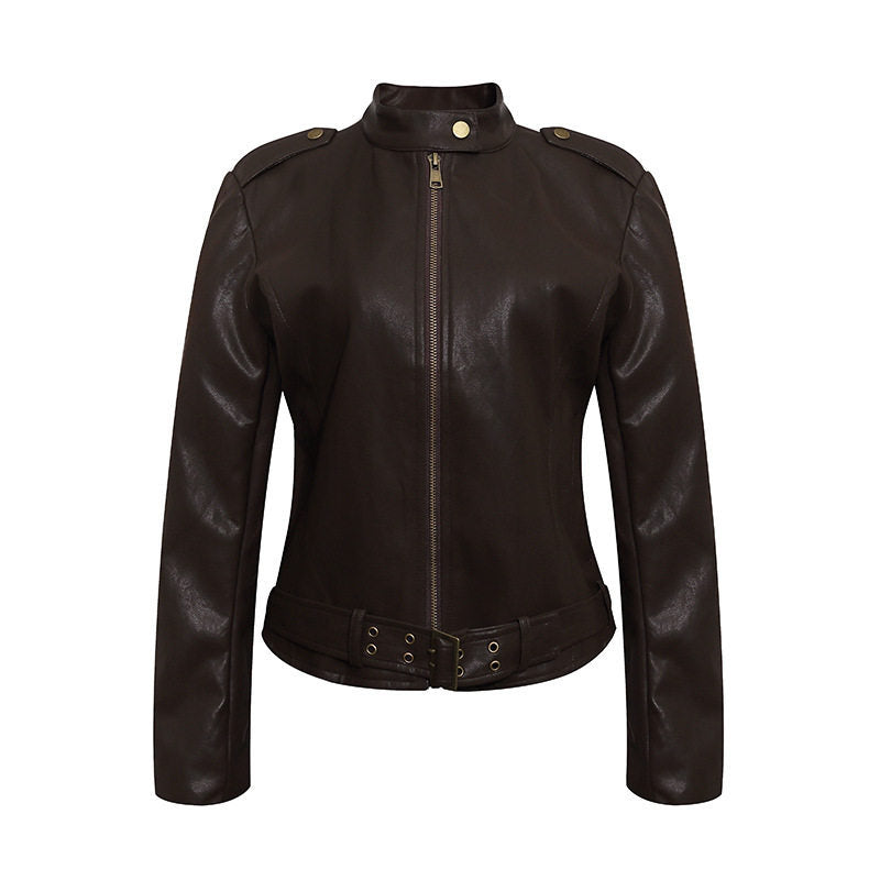 Damen Taillierte Lederoptik-Jacke mit Stehkragen, Schulterklappen und Taillengürtel Shop Nory