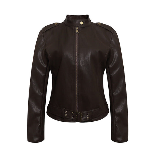 Damen Taillierte Lederoptik-Jacke mit Stehkragen, Schulterklappen und Taillengürtel Shop Nory