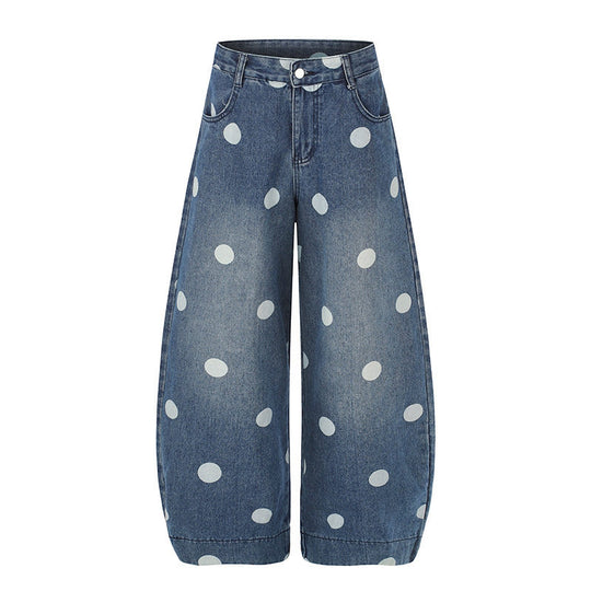 Damen Weite Jeans-Culotte im Palazzo-Stil mit hohem Bund und Punktmuster Shop Nory