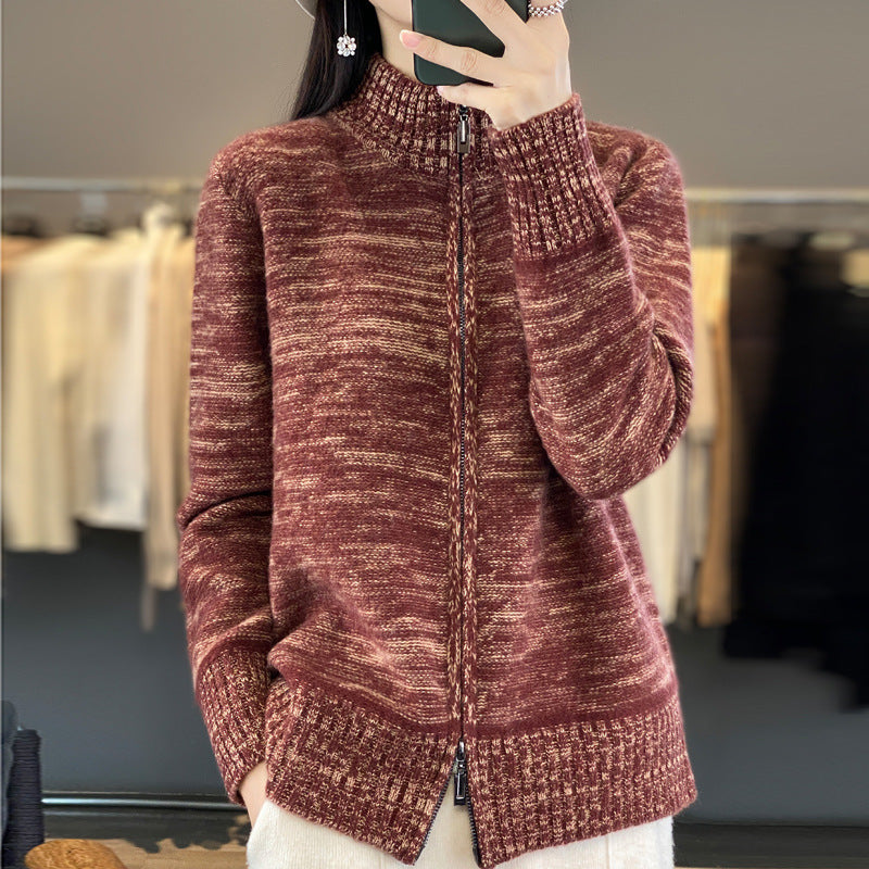 Damen Reißverschluss‑Strickjacke mit melierter Struktur und Stehkragen Shop Nory