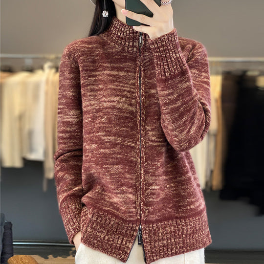 Damen Reißverschluss‑Strickjacke mit melierter Struktur und Stehkragen Shop Nory