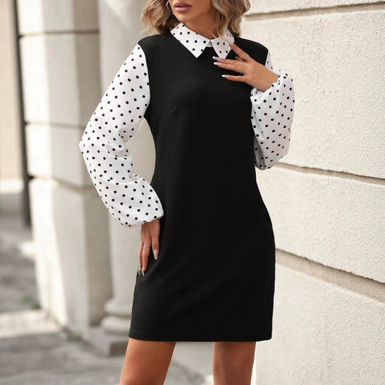 Damen Kontrastblusenkleid mit gepufften Polka-Dot-Ärmeln und Hemdkragen Shop Nory