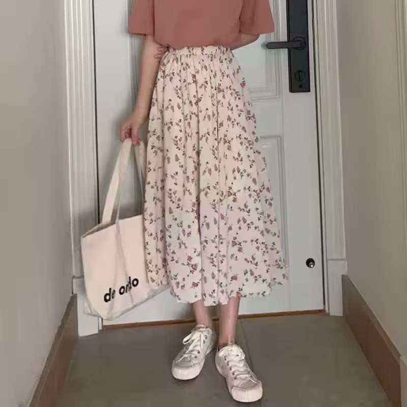 Damen Midirock mit floralem Print, taillenbetonter Rüschen-Bund und leichter Plissée-Qualität Shop Nory
