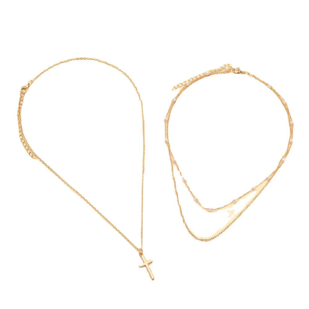Damen Halskette mit mehrlagigem Perlen- und Kreuzdesign Shop Nory