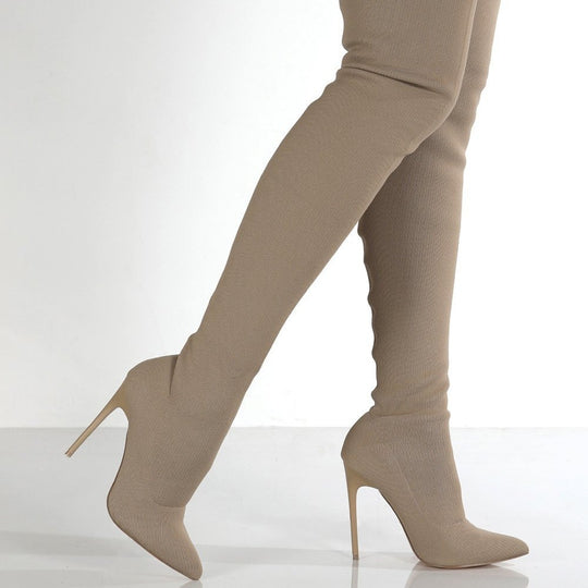 Damen Overknee-Stretch-Strickstiefel mit spitz zulaufender Schuhspitze Shop Nory