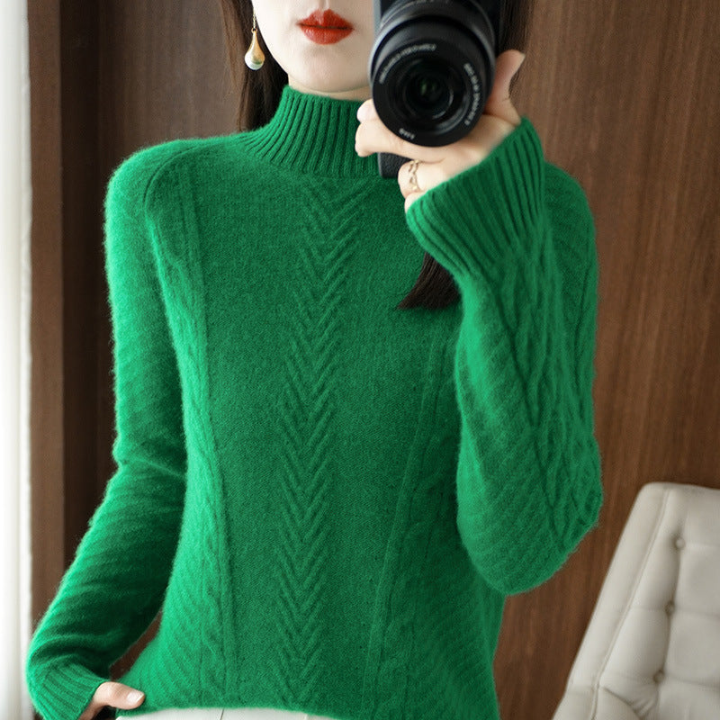 Damen Leichter Mohair‑Look Stehkragenpullover mit Zopf‑Ajour und taillierter Silhouette Shop Nory