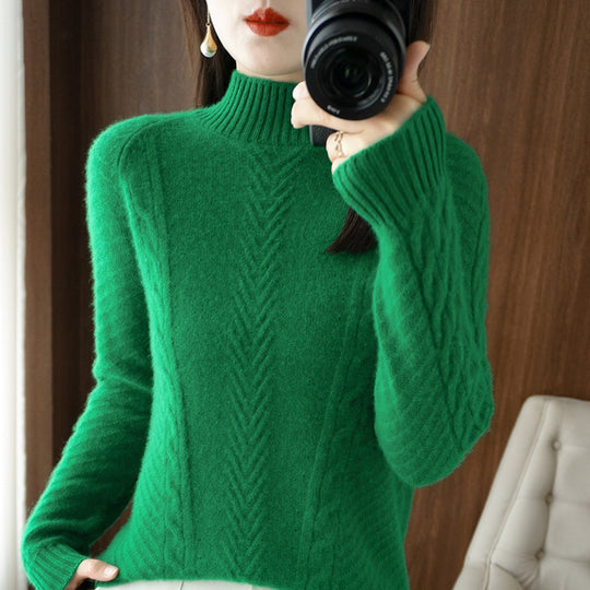 Damen Leichter Mohair‑Look Stehkragenpullover mit Zopf‑Ajour und taillierter Silhouette Shop Nory