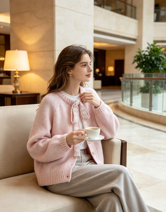 Damen Oversize Strickpullover mit dekorativem Blumen-Spitzenband Shop Nory