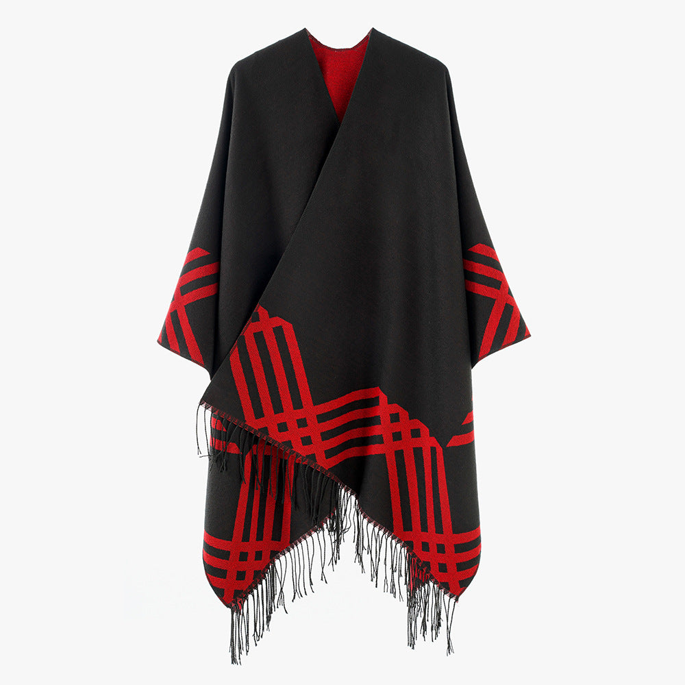 Damen Wollmix-Ruana im Rechteckschnitt mit grafischem Streifen-Jacquard und Fransen Shop Nory