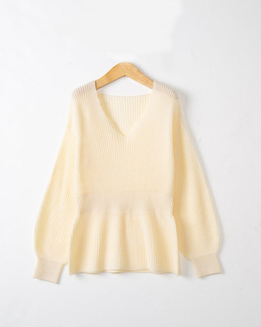 Damen Lockerer Feinstrick-Pullover mit V-Notch-Ausschnitt, Tailliertem Rippbund und Ballonärmeln Shop Nory