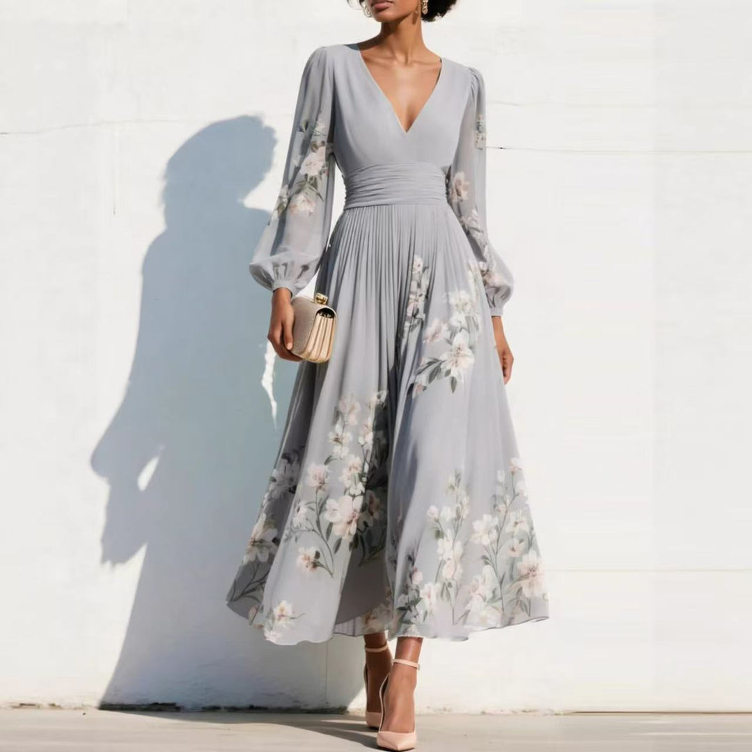 Damen Chiffon-Midikleid mit V‑Ausschnitt, geraffter Taille und floralem Plissee-Rock Shop Nory