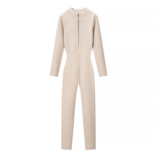 Damen Figurnaher Rippenstrick-Einteiler mit Stehkragen und Frontreißverschluss Shop Nory