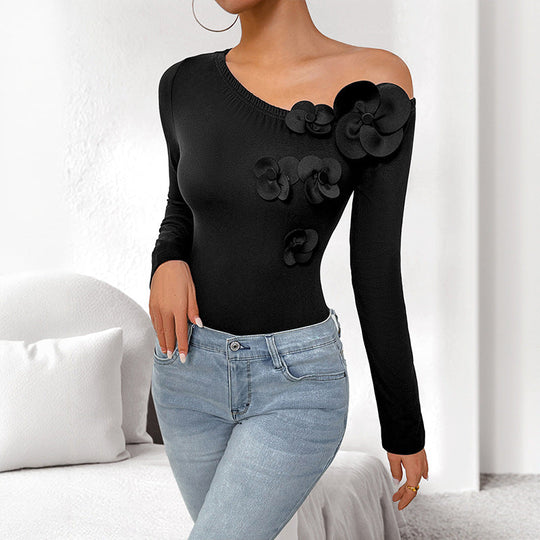 Damen figurbetonter Ein-Schulter-Body mit Langarm und 3D-Blüten Shop Nory