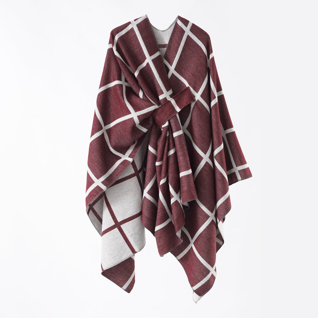 Damen Oversize Poncho aus Feinstrick mit Taillengürtel und Karomuster Shop Nory