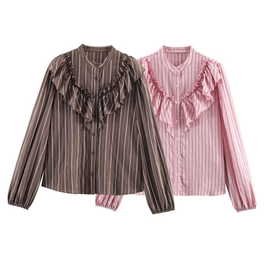 Damen Rüschenbluse mit Stehkragen, feinen Streifen und gerafften Ärmeln Shop Nory