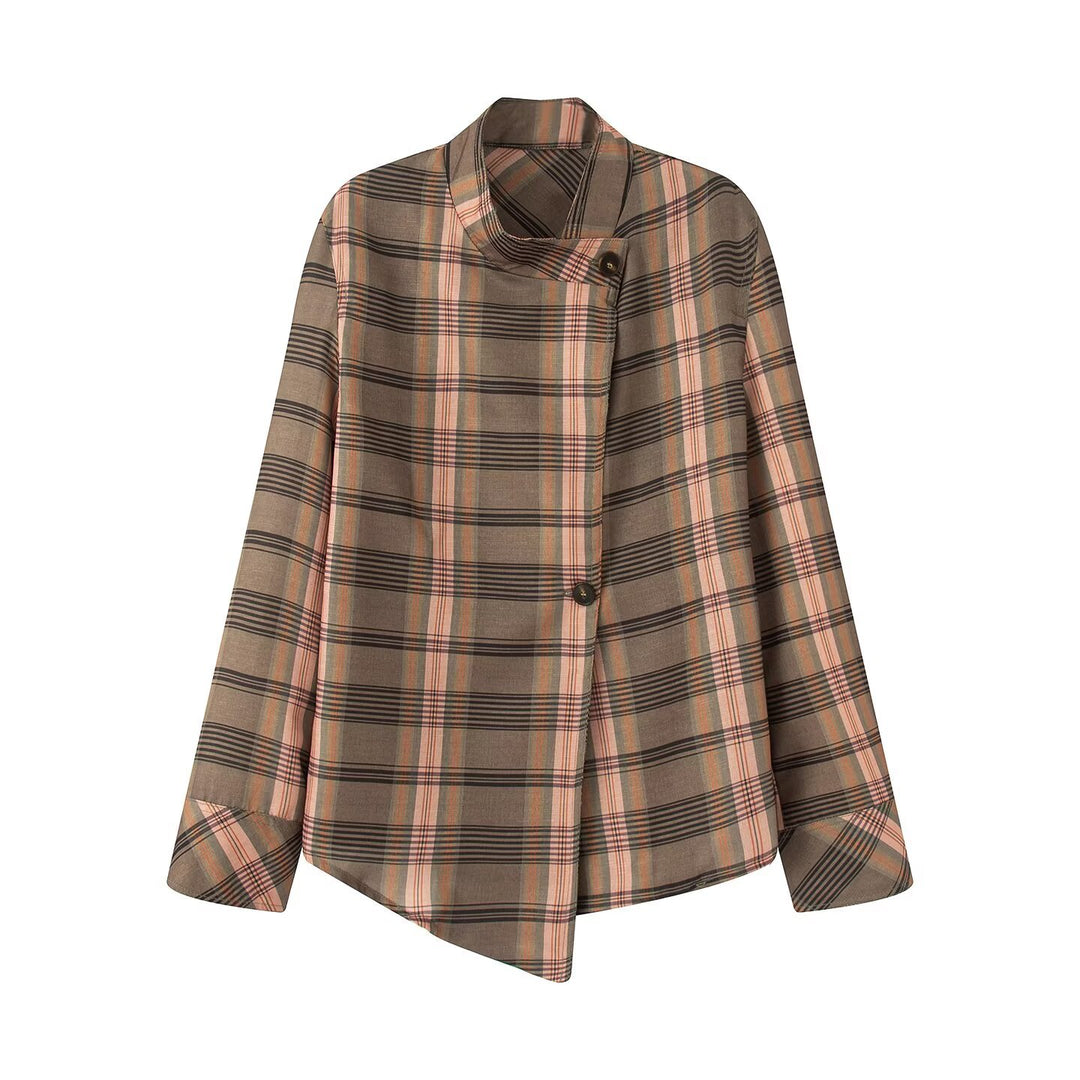 Damen Asymmetrische Cape-Bluse im Karo-Muster mit Stehkragen und Knopfverschluss Shop Nory