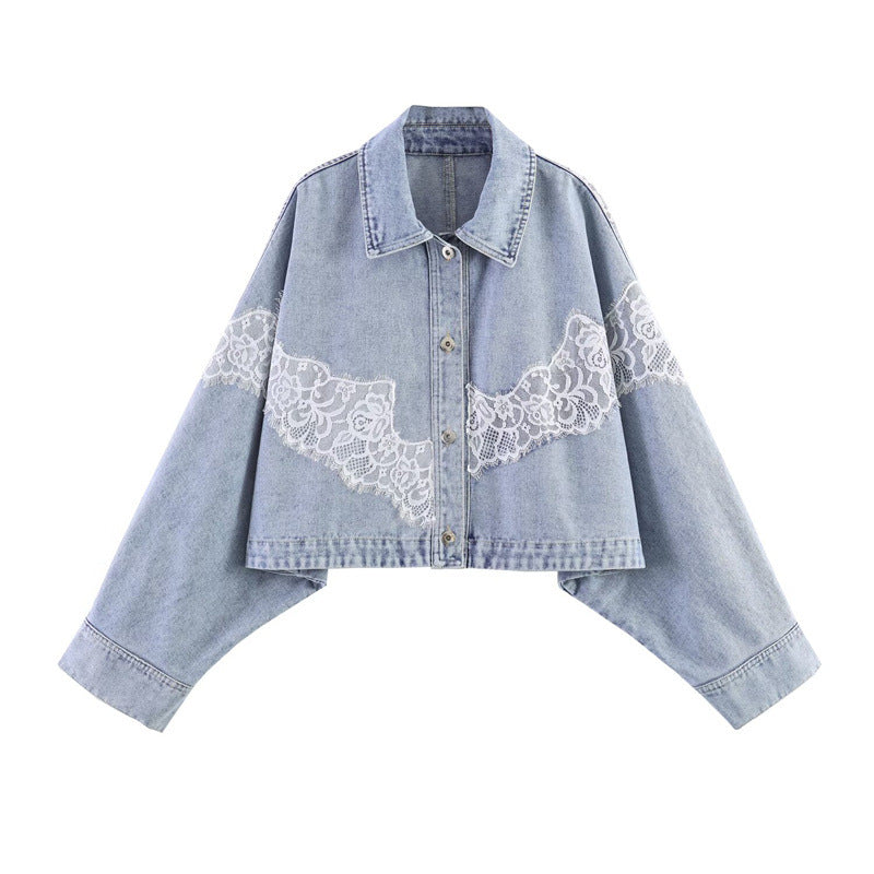 Damen verkürzte Jeansjacke mit Spitzenbesatz und überschnittener Schulter Shop Nory