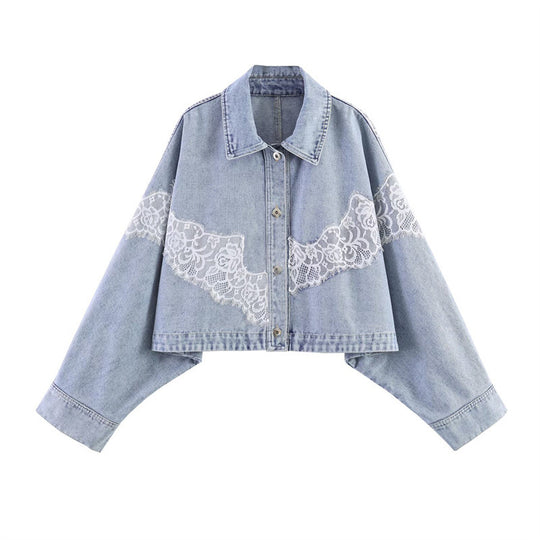 Damen verkürzte Jeansjacke mit Spitzenbesatz und überschnittener Schulter Shop Nory