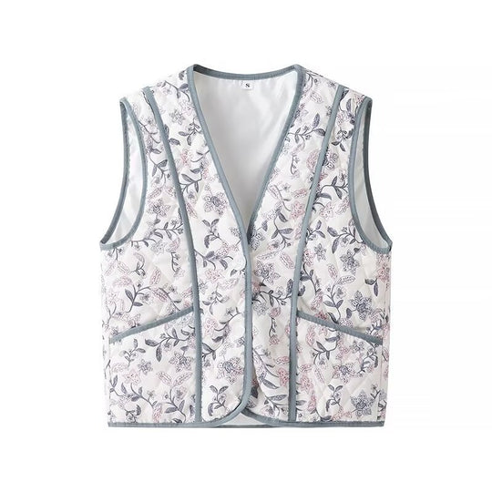 Damen Leicht gesteppte Steppweste mit floralem Print, V‑Ausschnitt und Eingrifftaschen Shop Nory