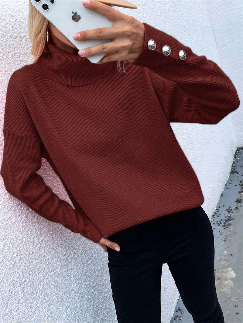 Damen Gerippter Rollkragenpullover mit Oversize-Schnitt und Zierknopfmanschetten Shop Nory