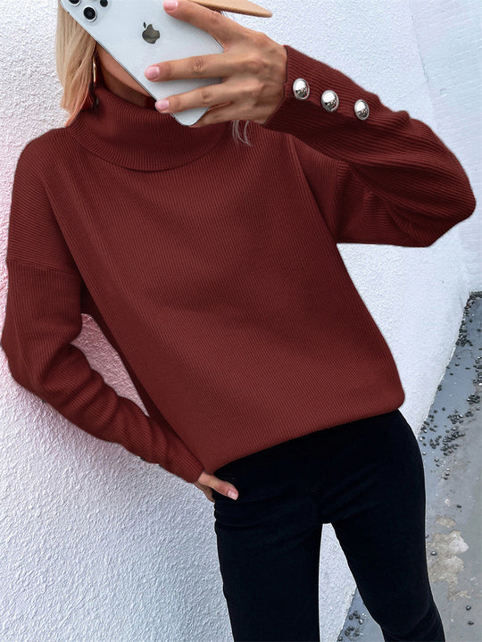 Damen Gerippter Rollkragenpullover mit Oversize-Schnitt und Zierknopfmanschetten Shop Nory